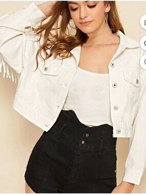 Cropped White Denim Jacket with Fringe Detail
